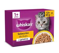 WHISKAS Comida húmeda en gelatina Gatos Adultos Selección de Aves - 4 x 12 bolsitas x 85g