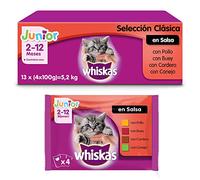 Whiskas Comida Húmeda para Gatos Junior Selección Carnes en Gelatina, MultiPack (Pack de 13 x 4 Bolsitas x 100g)