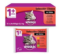 Whiskas Comida Húmeda para Gatos Selección Carnes en Salsa, Multipack (Pack de 13 x 4 bolsitas x 100g)