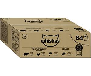 WHISKAS Comida para Gatos - 84 Bolsas de frescura de 85 g - Paté para Gatos Adultos en gelatina - Tarjeta Mixta (4 variedades) - Comida húmeda Completa y equilibrada, 84 x 85 g