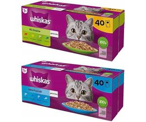 Whiskas Comida para gatos sabores de pescado 40 x 85 g + whiskas mezcla de sabores en gelatina 40 x 85 g juego de alimento húmedo para gatos adultos en sobres