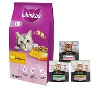 WHISKAS Comida Seca para Gatos 1+ con Pollo 14kg + comida para gatos 400g ¡GRATIS! (sabor aleatorio)