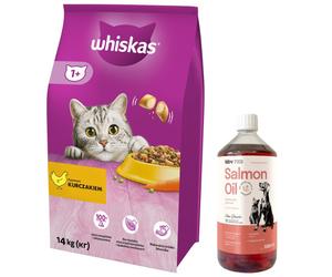 WHISKAS Comida Seca para Gatos 1+ con Pollo 14kg & Lab-V Aceite de Salmón 100% Para Perros y Gatos de Todas las Edades 1000 ml Prensado en Frío