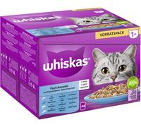 WHISKAS Multipack de 1 bolsas para porciones + pescado a elegir 4 variedades de salmón, atún, bacalao, pescado blanco en jalea, 24 x 85 g