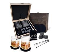 Whiskey Glass Set, 2 Vasos de Whisky de Cristal Premium con 8 Piedras de Whisky Reutilizables, Pinzas y Posavasos en Caja de Madera, Navidad o Cumpleaños para Papá, Esposo o Novio