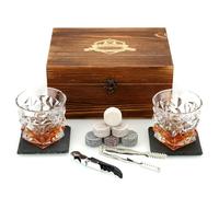Whisky Stones, Whisky Glass Gift Set, Large Whiskey Rocks Stilling Stones, Coasters Stones & Bar Glasses in Handmade Wood Box- Cool Drinks With Dilution-Glasses Set de 2, para papá, esposo, hombres