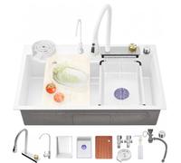 White 85x45cm Multifunctional Kitchen Sink - Modern Stainless Steel Single Bowl with Pull-out Spray Faucet Cup Washer & Accessory Set for Effortless Cleaning