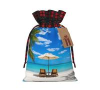 White Beach Tropical Sea Print Cute Color Matching Plaid Christmas Bag Drawstring Design For Christmas Party Gift Packaging