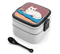 White Cat Bento Box 1000ml Leak Proof Lunch Container with Removable Dividers & Spoon - BPA-Free PP Stackable Lunch Box for Work, Office, Picnic, Travel, Dining Out