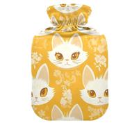 White Cat Faces - Botella de agua caliente amarilla con cubierta suave, bolsa de agua de 2 L para calentador de cuello y hombros