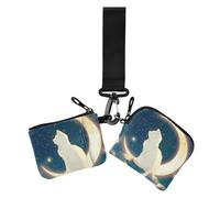 White Cat on Moon - Carteras dobles para mujer, fundas para tarjetas de visita de gran capacidad, monedero con correa de muñeca para mujer, 2 unidades, Gato blanco sobre luna, 1 size, Arte impreso