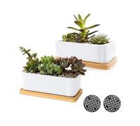 White Ceramic Succulent Pots, Set Of 2 Small Cactus Containers, Bonsai Pots, Flower Pots with Drainage Hole And Bamboo Bowl (no Plant)