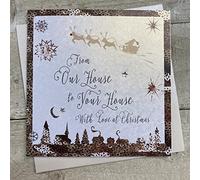 White Cotton C1-OH - Tarjeta de Navidad hecha a mano, diseño con texto "From Our House to Your House"