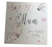WHITE COTTON CARDS "80 Mum Have a Wonderful Birthday Vintage 80 Tarjeta de cumpleaños, diseño de Mariposas, Color Blanco