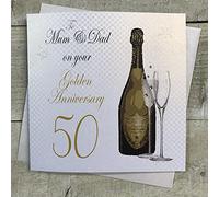 White Cotton Cards A50M - Tarjeta de 50 aniversario hecha a mano con texto en inglés"To My Mum and Dad On Your Golden Anniversary", color blanco