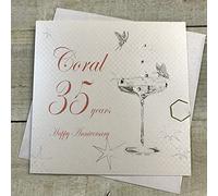 WHITE COTTON CARDS bd135 Coupe Cristal Feliz Aniversario 'Coral' 35 años Tarjeta de felicitación de Aniversario, Color Blanco