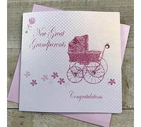 WHITE COTTON CARDS BD187G-Tarjeta de felicitación para Abuelos con Texto en inglés New Grandparents Congratulations, Pink Pram, Algodón, Blanco