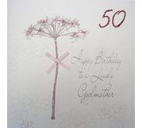 WHITE COTTON CARDS bd42 - Diente de león 50 ", diseño con Texto Happy Birthday To A Lovely Godmother 50" Mano de 50 cumpleaños, Color Blanco