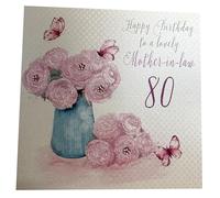 WHITE COTTON CARDS bd44 - Diente de león 80 ", diseño con Texto Happy Birthday To A Lovely Suegra 80" Mano de 80º cumpleaños, Color Blanco