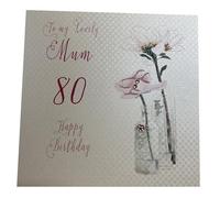 WHITE COTTON CARDS bd61-80 Tarjeta de 80º cumpleaños para Madre con Texto en inglés Dandelion, Happy Birthday to a Lovely Mum 80" Hecha a Mano, Blanco