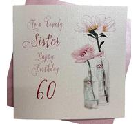 WHITE COTTON CARDS bd65 - Diente de león 60 ", diseño con Texto Happy Birthday To A Lovely Sister 60" Mano de 60 cumpleaños, Color Blanco