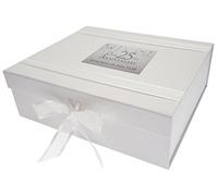 WHITE COTTON CARDS Caja de Recuerdos de Este año, con Purpurina y Palabras para 25º Aniversario de Plata, Madera, Blanco, 27.2x32x11 cm