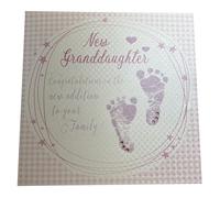 WHITE COTTON CARDS Code wb231 Rosa Nueva Nieta felicitaciones sobre la Nueva adición a su Familia. Hecho a Mano Nuevo bebé Tarjeta
