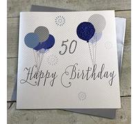 White Cotton Cards Code xg67 - 50 Globos Happy Birthday 50" Hecho a Mano 50th Tarjeta de felicitación de cumpleaños, Azul