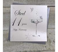WHITE COTTON CARDS Coupe Glass BD111C-Tarjeta de Aniversario Hecha a Mano con Texto Happy Anniversary 'Steel' 11 Years, Color Blanco