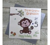 WHITE COTTON CARDS GL224-5-Tarjeta de 5º cumpleaños Hecha a Mano con Texto en inglés Cheeky Monkey, To A Very Gorgeous Grandson 5 Happy Birthday, Color Blanco, 16cm x 16cm