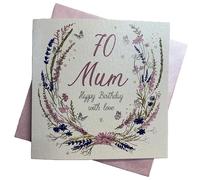 WHITE COTTON CARDS "Happy 70th Birthday Mum, flowersmum 70º cumpleaños, diseño con Texto en inglés