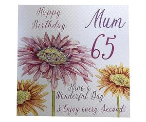 white cotton cards, Happy Birthday 65 Mum Have a Wonderful Day Handmade 65th Birthday Card, FLOWERS White, wba65-mum NEW