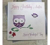 WHITE COTTON CARDS Happy Birthday Sister Have A Wonderful Day. Tarjeta de cumpleaños Extragrande. (Búho), XLBD12, Blanco, 22cm x 22cm