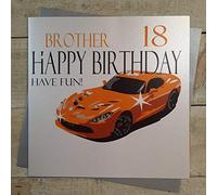 WHITE COTTON CARDS Hermano Feliz DIVERTIRTE Tarjeta Grande Hecha a Mano para 18 cumpleaños (Naranja, Coche Deportivo), Algodón, Blanco