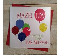 WHITE COTTON CARDS Mazel Tov On Your Son's, Tarjeta de Bar Mitzvah Hecha a Mano, código N328 (Globos de neón), Blanco