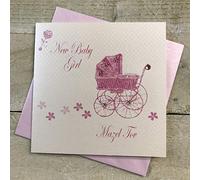 WHITE COTTON CARDS Mazel Tov-Tarjeta de bebé recién Nacida Hecha a Mano (Cochecito Rosa), Blanco, 16cm x 16cm