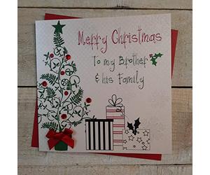 White Cotton Cards Merry Christmas to My Brother and Family His Tarjeta Hecha a Mano en Forma de árbol de Navidad y Regalos