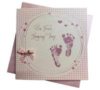WHITE COTTON CARDS Rosa Huellas On Your Naming Day Tarjeta de Mano Naming Day, Color Blanco