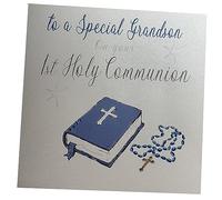 WHITE COTTON CARDS tamaño Grande Hecho a Mano to A Special Nieto en tu 1st Comunión Azul Biblia Tarjeta, Blanco