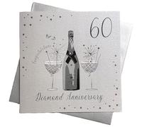 WHITE COTTON CARDS Tarjeta Boda con Diamantes, Hecha a Mano, tamaño Grande, 60 Aniversario (champán y Chocolates), Blanco, 22cm x 22cm