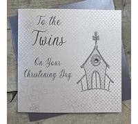 WHITE COTTON CARDS Tarjeta con Texto en inglés To The Twins On Your Christening Day, Color Plateado, WB267, Blanco, 16cm x 16xm