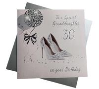 WHITE COTTON CARDS Tarjeta cumpleaños Hecha a Mano con Texto en inglés Glitter Ball & Shoes, 30 To a Special Granddaughter On Your Birthday X30GD, Blanco, 22cm x 22xm