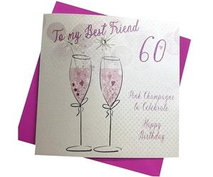 WHITE COTTON CARDS Tarjeta cumpleaños Hecha a Mano con Texto en inglés Pink Champagne, Best Friend 60 to Celebrate Happy Birthday, Color Blanco, WBA60P-BF, Algodón, 16cm x 16cm