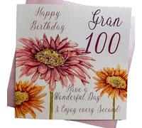 WHITE COTTON CARDS Tarjeta cumpleaños Hecha a Mano con Texto en inglés Pink Gerbera, Happy Birthday 100 Gran Have a Wonderful Day, Color Blanco, WBA100-G, Algodón, 16cm x 16cm