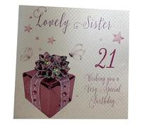 WHITE COTTON CARDS Tarjeta cumpleaños Hecha a Mano con Texto en inglés Pink Present, Lovely Sister 21 Wishing You A Special Birthday, Color Blanco, WB190-21, 16cm x 16cm