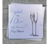 WHITE COTTON CARDS Tarjeta de 15º aniversario de boda de cristal hecha a mano para mi marido - Copas de champán BD115-H, 16 x 16 cm