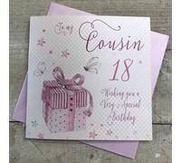 WHITE COTTON CARDS Tarjeta de 18º cumpleaños Hecha a Mano con Texto en inglés Pink Present, To My Cousin 18 Happy Birthday, Color Blanco, WB160-18, Algodón, 16cm x 16cm