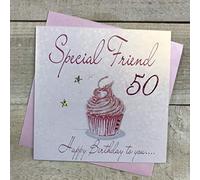 WHITE COTTON CARDS Tarjeta cumpleaños Hecha a Mano con Texto en inglés Pink Cupcake, Special Friend 50 Happy Birthday to You., Color Blanco, WB202-50, Lona, 16cm x 16cm