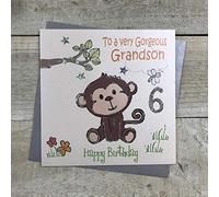 WHITE COTTON CARDS Tarjeta de 6º cumpleaños Hecha a Mano con Texto en inglés Cheeky Monkey, To A Very Gorgeous Grandson 6 Happy Birthday, Color Blanco, GL224-6, 16cm x 16cm