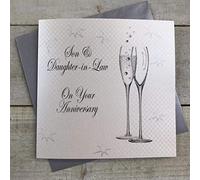 WHITE COTTON CARDS - Tarjeta de Aniversario, diseño para Hijo y nuera con Copas de champán, Color Blanco